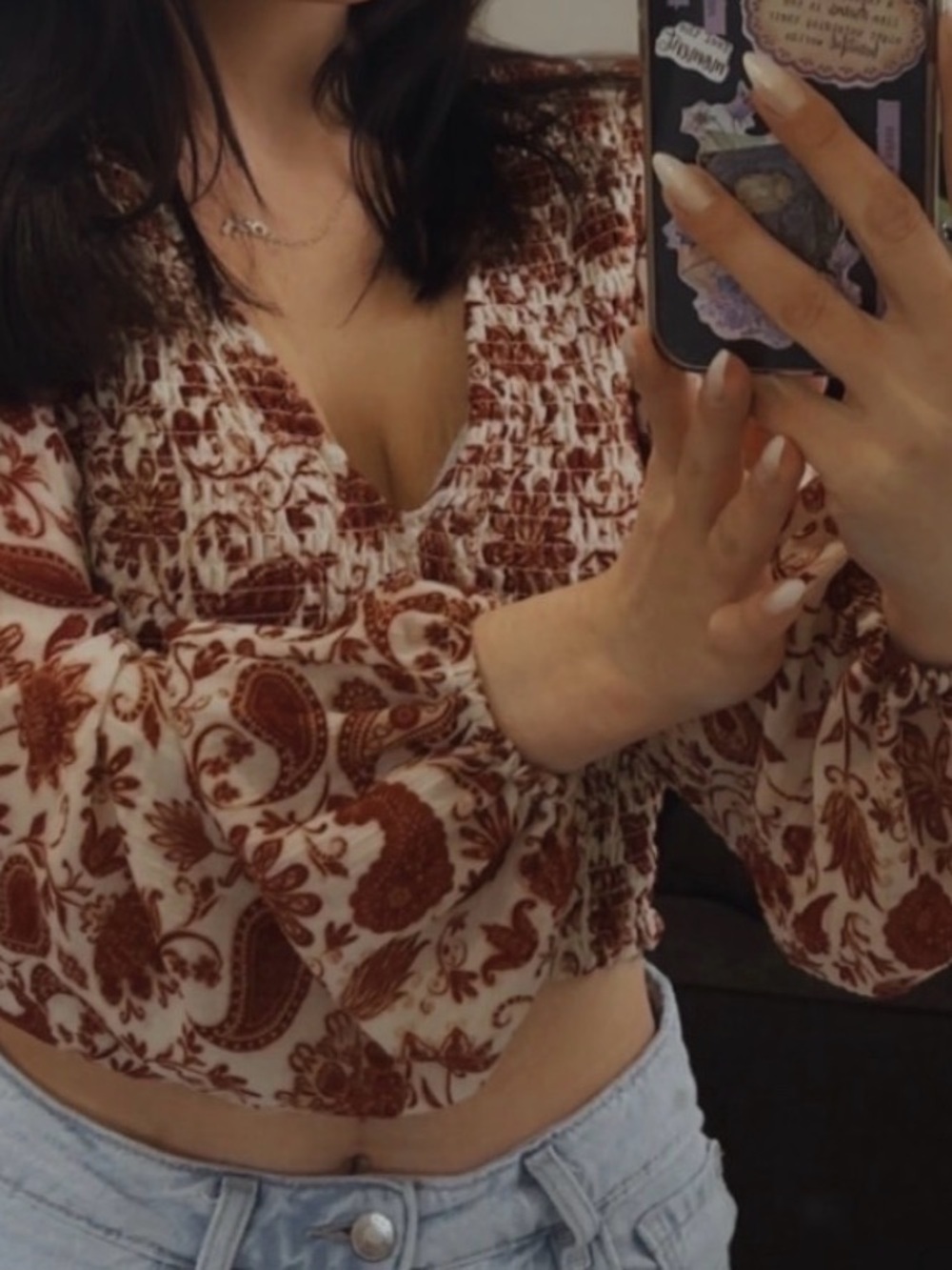 Dynamite Brown Paisley Smocked Crop Top